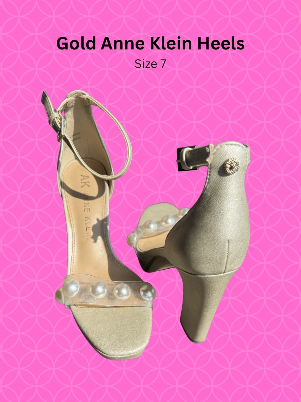 Anne Klein Metallic Gold Pearl-Trim Ankle Strap Heels